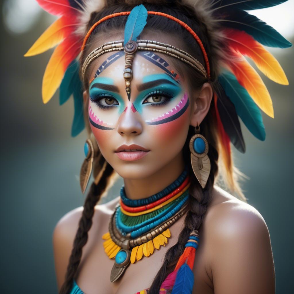 A stunning image of beautiful girl with bright, colorful tribal makeup.