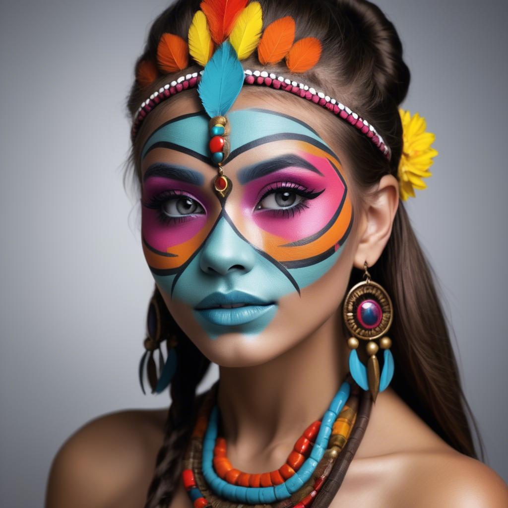 A stunning image of beautiful girl with bright, colorful tribal makeup.