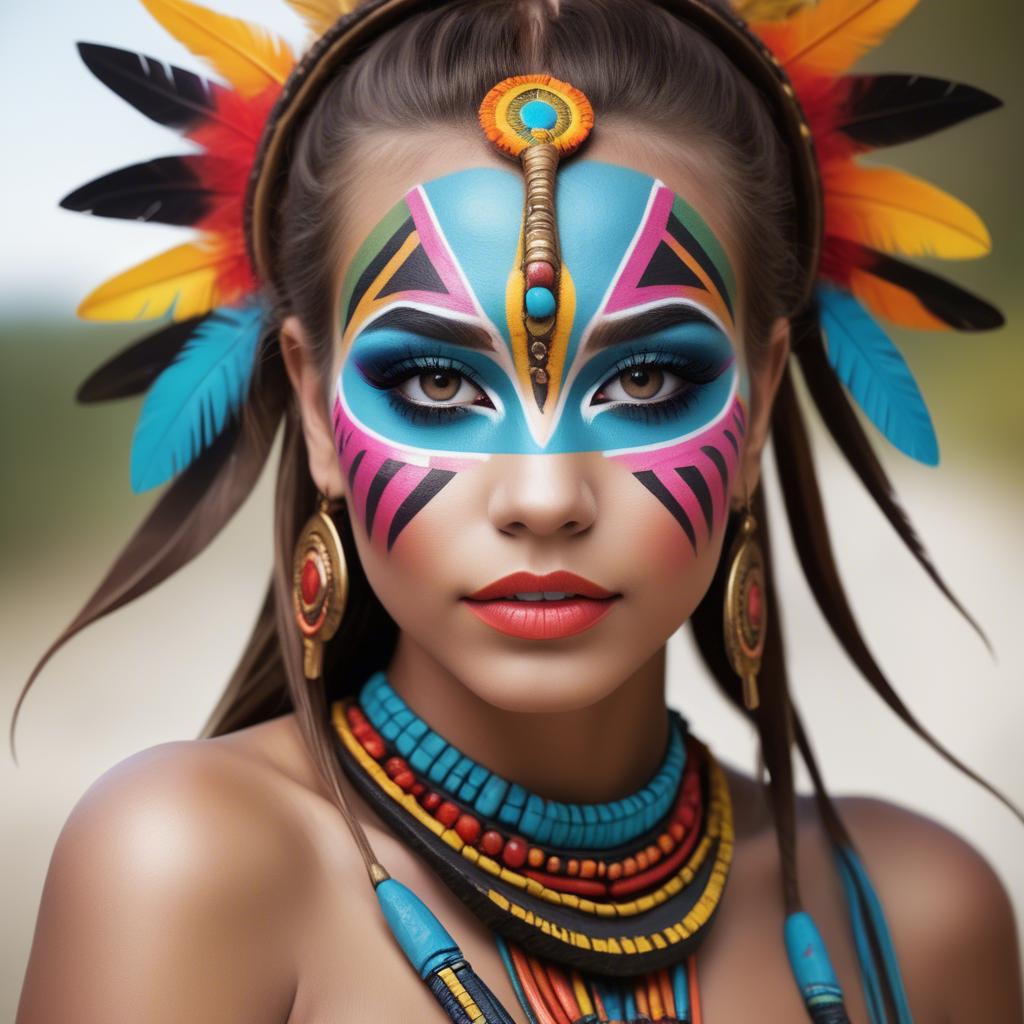A stunning image of beautiful girl with bright, colorful tribal makeup.