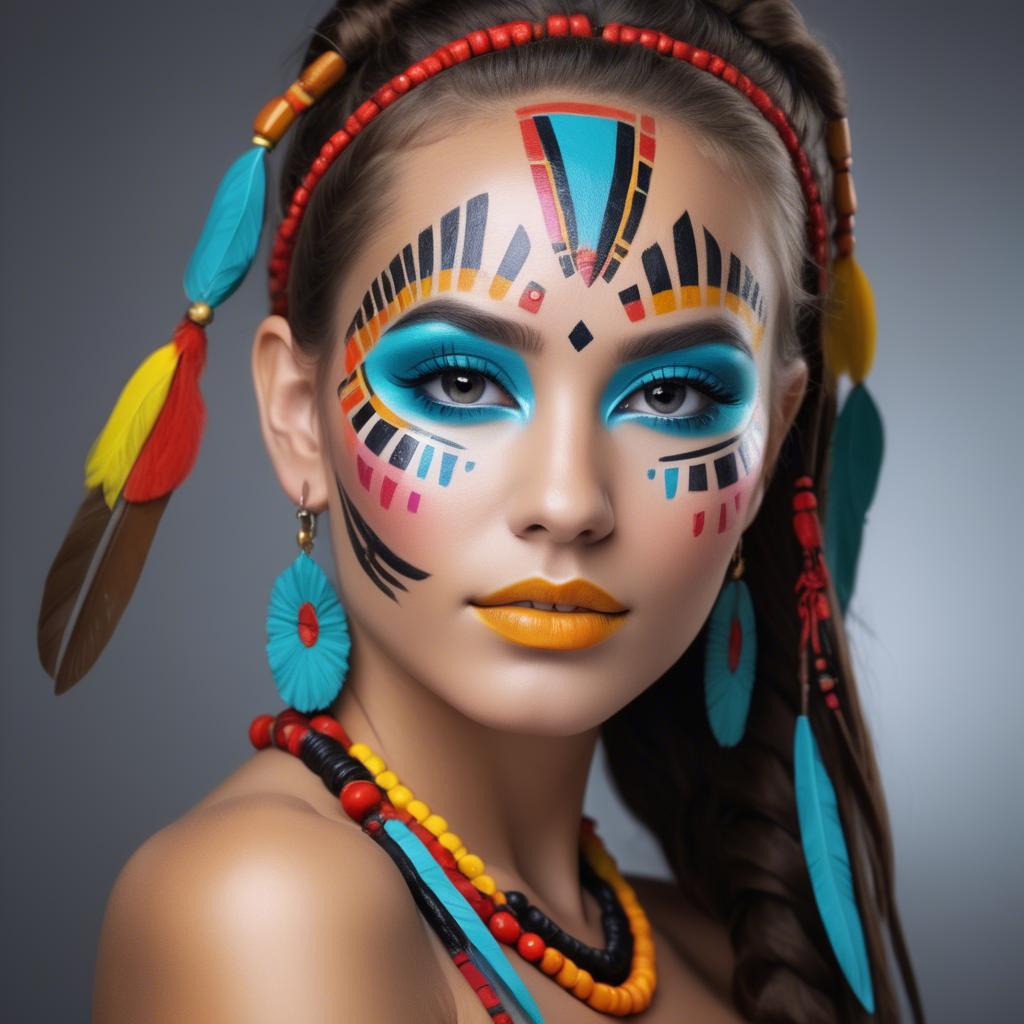 A stunning image of beautiful girl with bright, colorful tribal makeup.