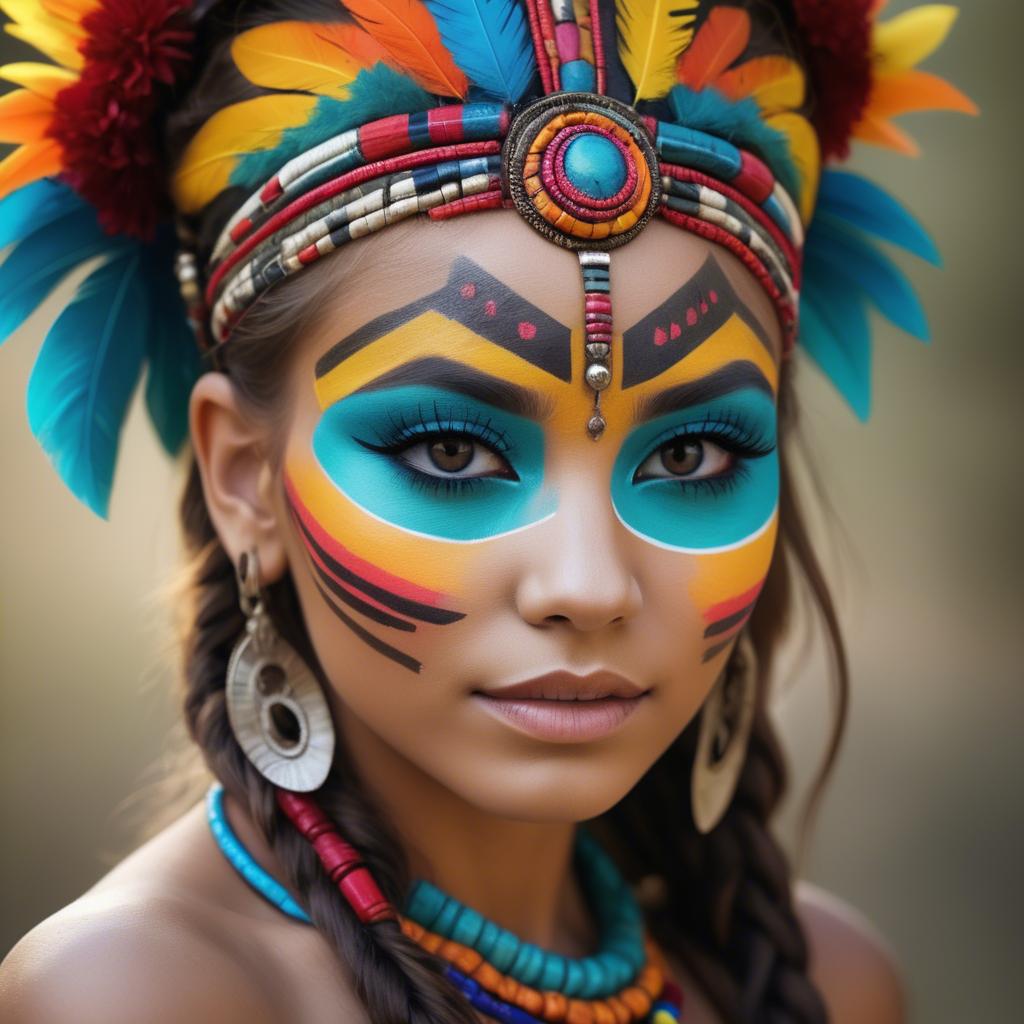 A stunning image of beautiful girl with bright, colorful tribal makeup.