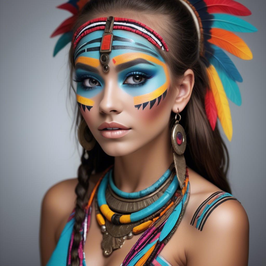 A stunning image of beautiful girl with bright, colorful tribal makeup.