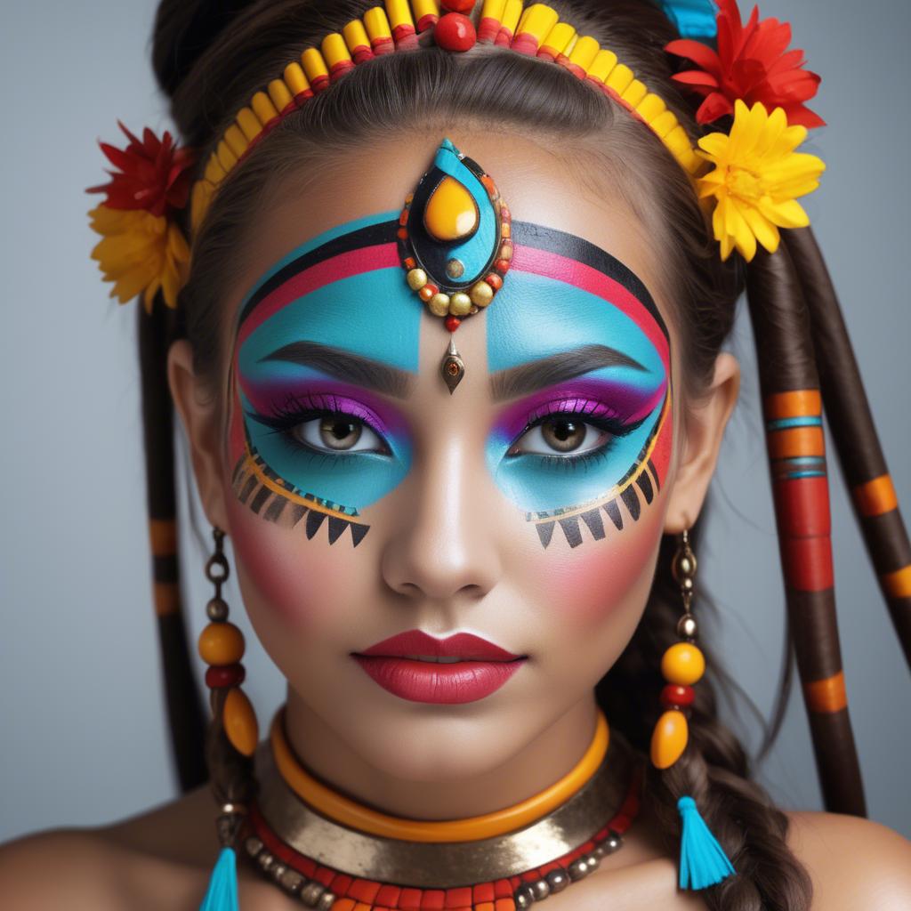 A stunning image of beautiful girl with bright, colorful tribal makeup.