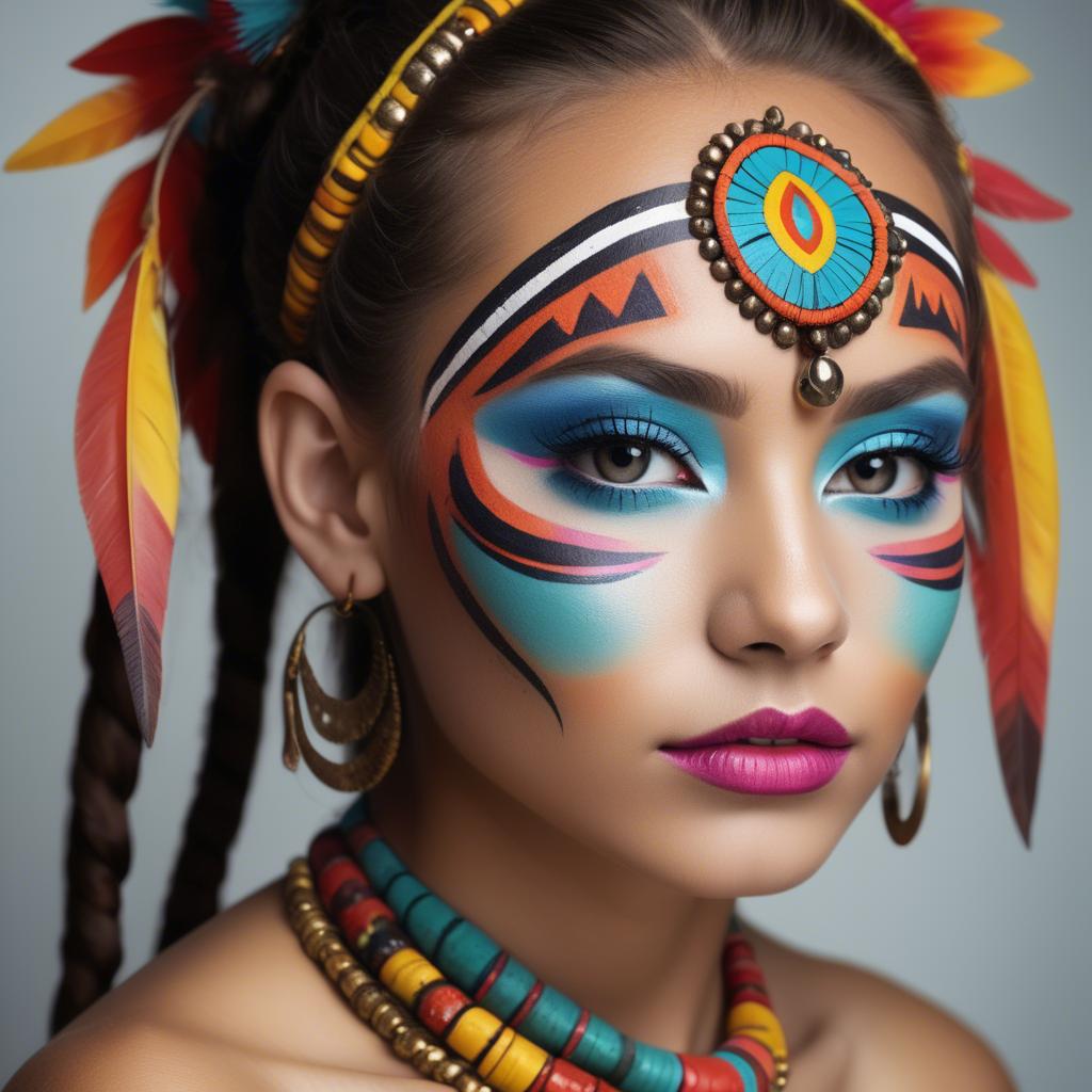 A stunning image of beautiful girl with bright, colorful tribal makeup.