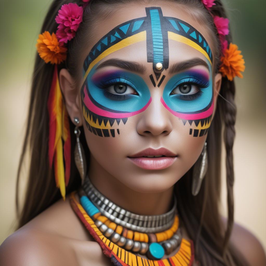 A stunning image of beautiful girl with bright, colorful tribal makeup.