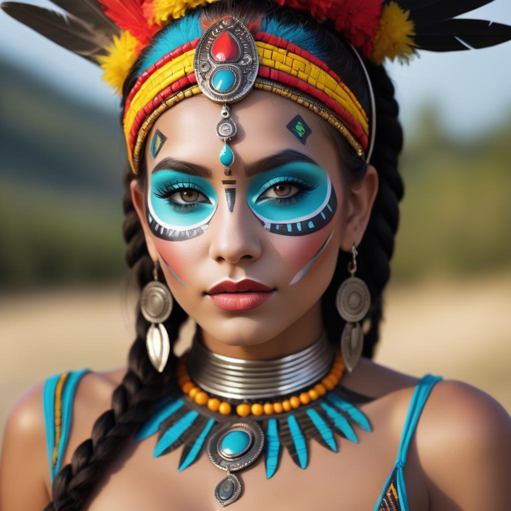 A stunning image of beautiful girl with bright, colorful tribal makeup.