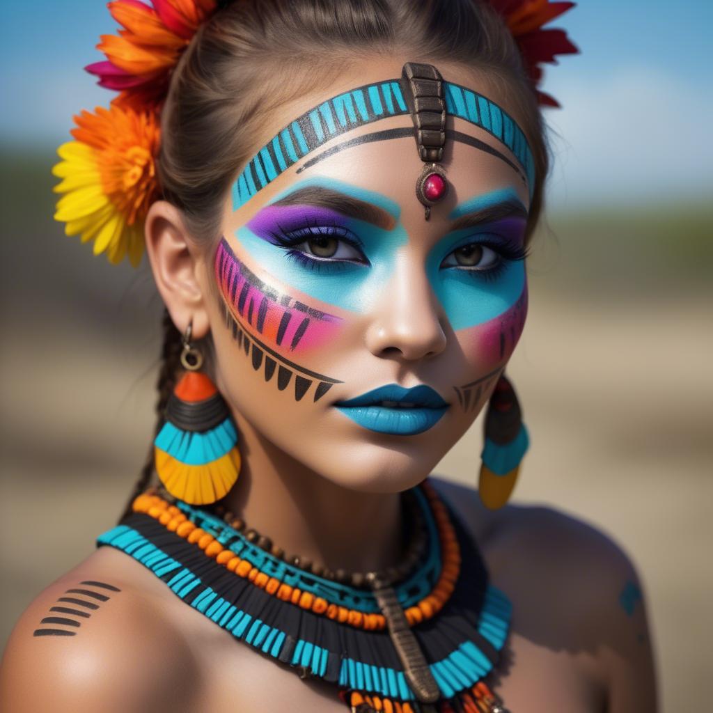 A stunning image of beautiful girl with bright, colorful tribal makeup.