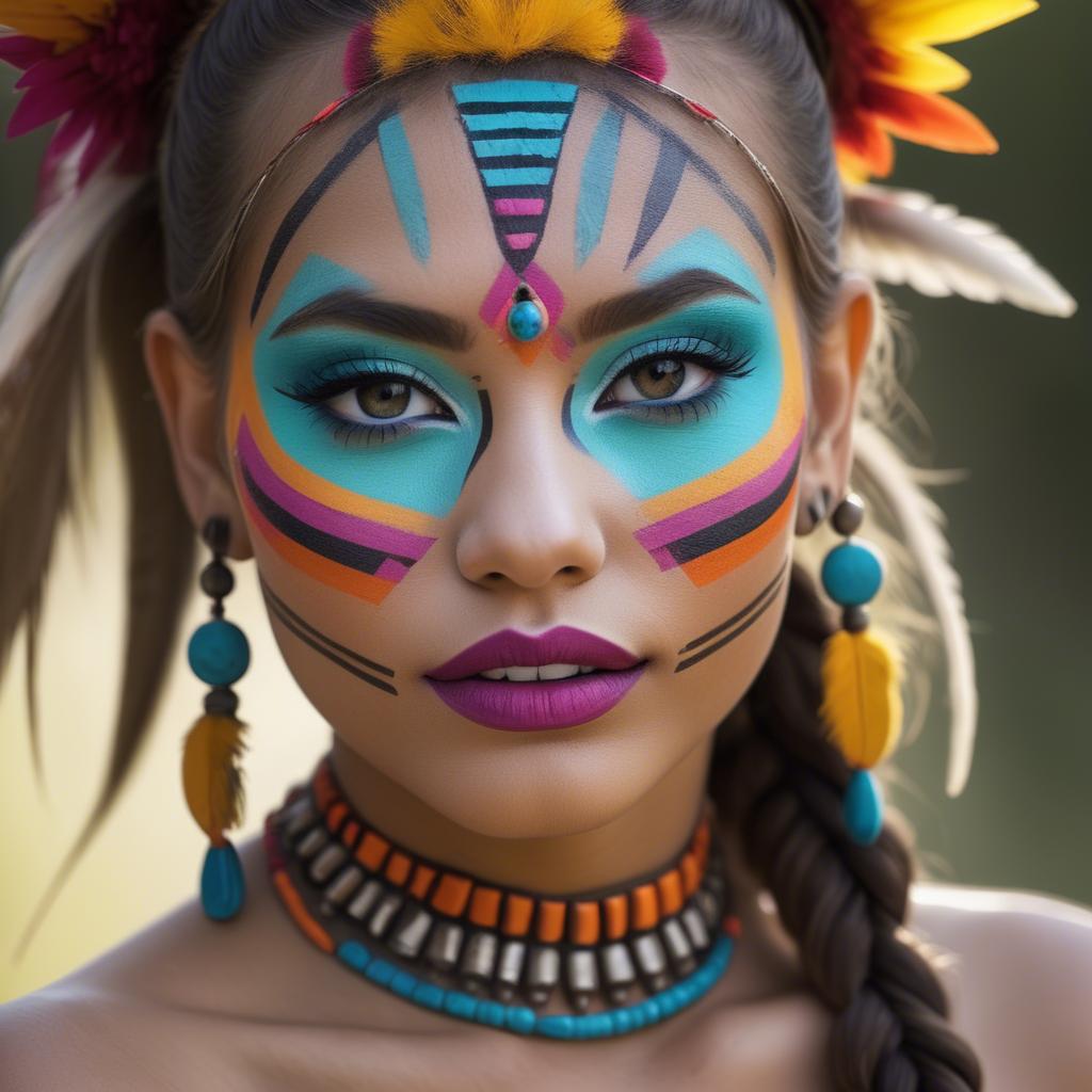 A stunning image of beautiful girl with bright, colorful tribal makeup.