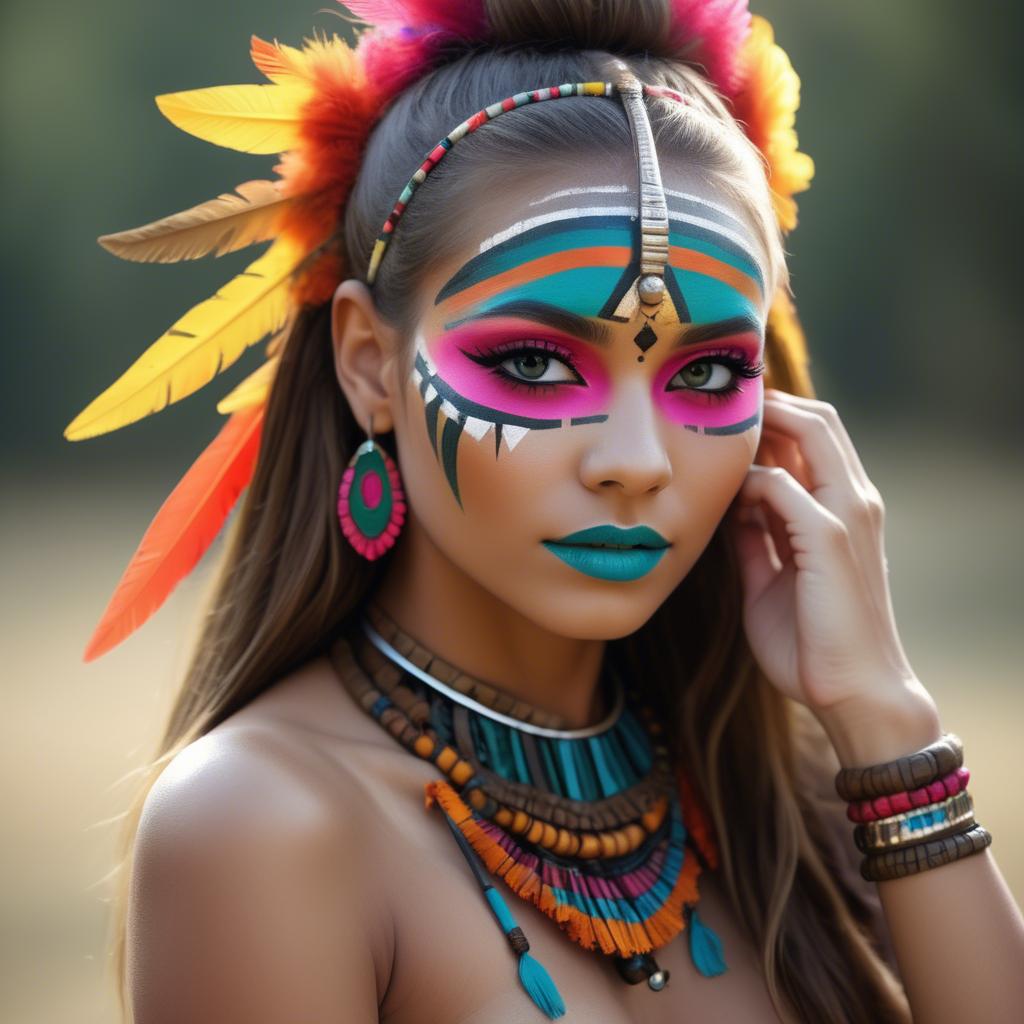 A stunning image of beautiful girl with bright, colorful tribal makeup.