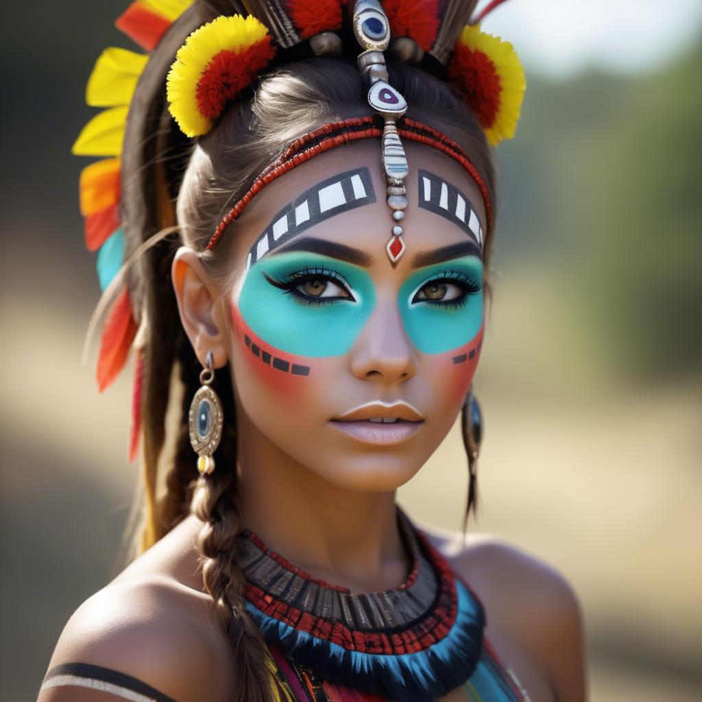 A stunning image of beautiful girl with bright, colorful tribal makeup.