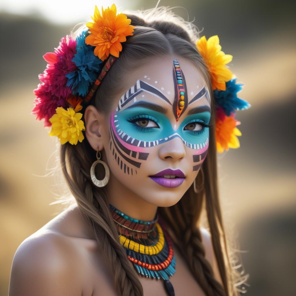 A stunning image of beautiful girl with bright, colorful tribal makeup.