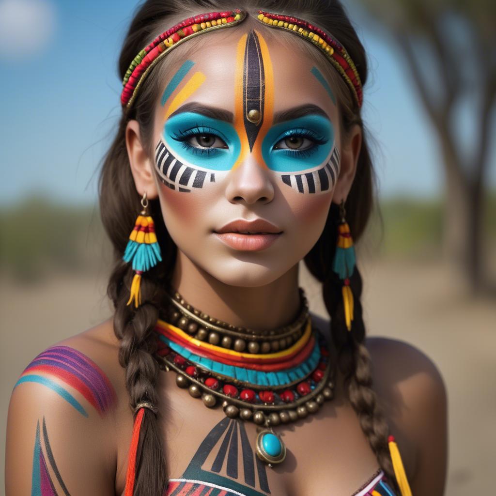 A stunning image of beautiful girl with bright, colorful tribal makeup.