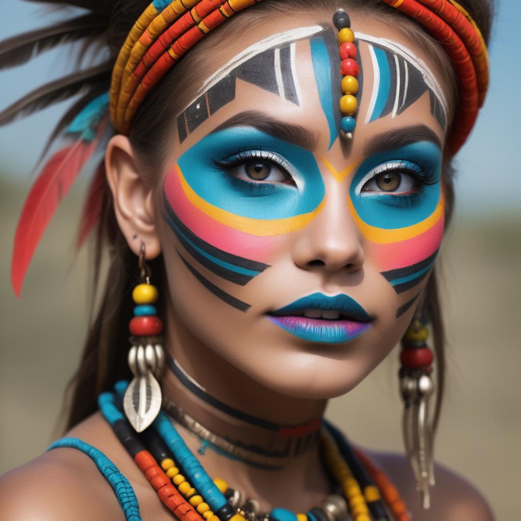 A stunning image of beautiful girl with bright, colorful tribal makeup.