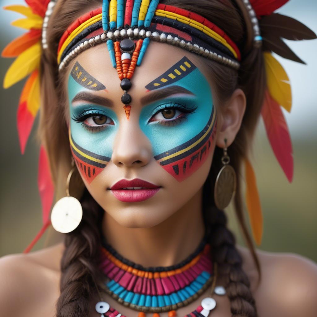 A stunning image of beautiful girl with bright, colorful tribal makeup.
