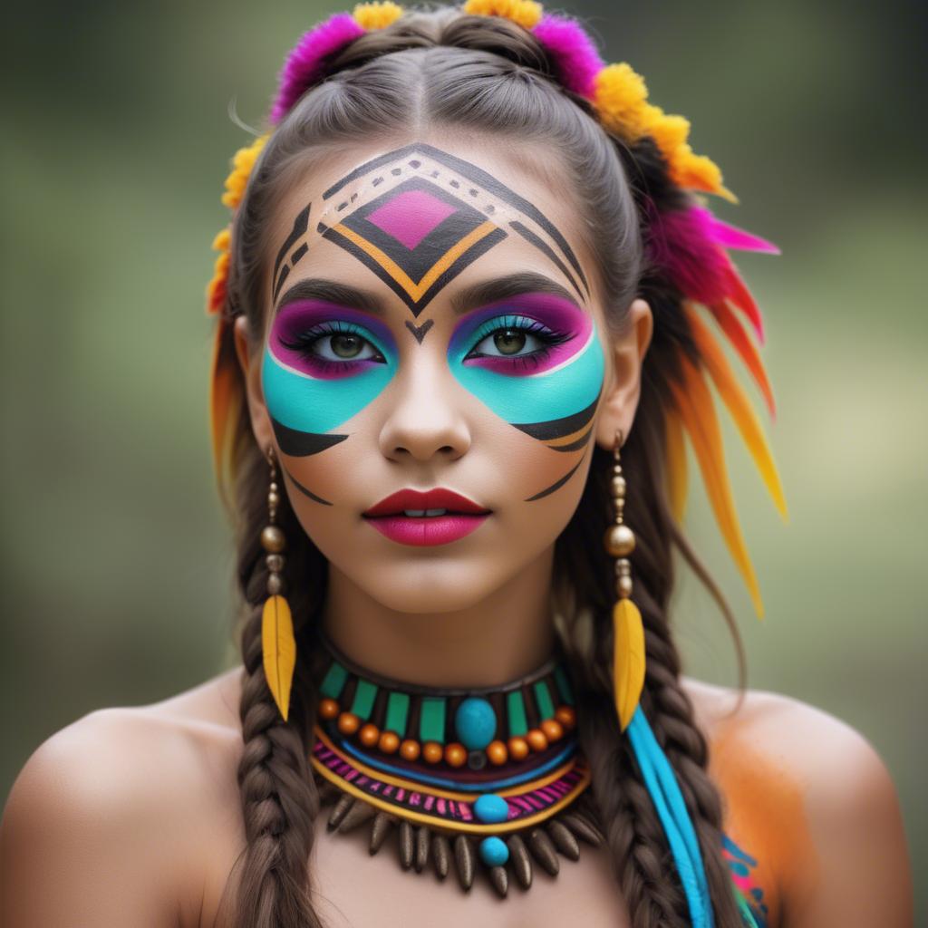 A stunning image of beautiful girl with bright, colorful tribal makeup.