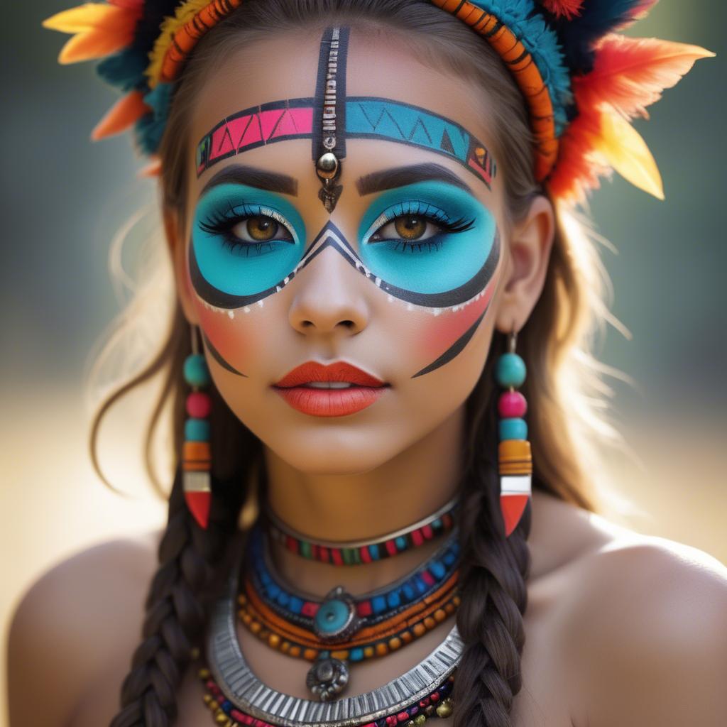 A stunning image of beautiful girl with bright, colorful tribal makeup.