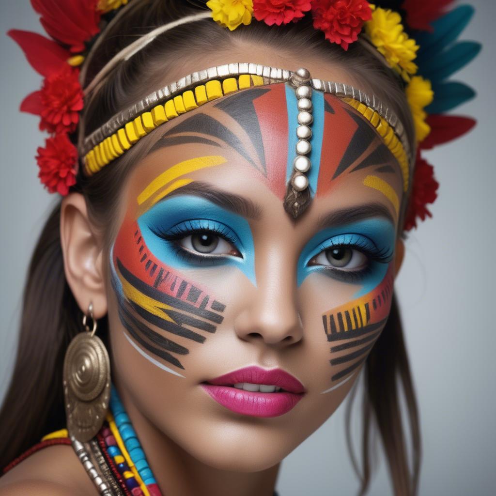 A stunning image of beautiful girl with bright, colorful tribal makeup.