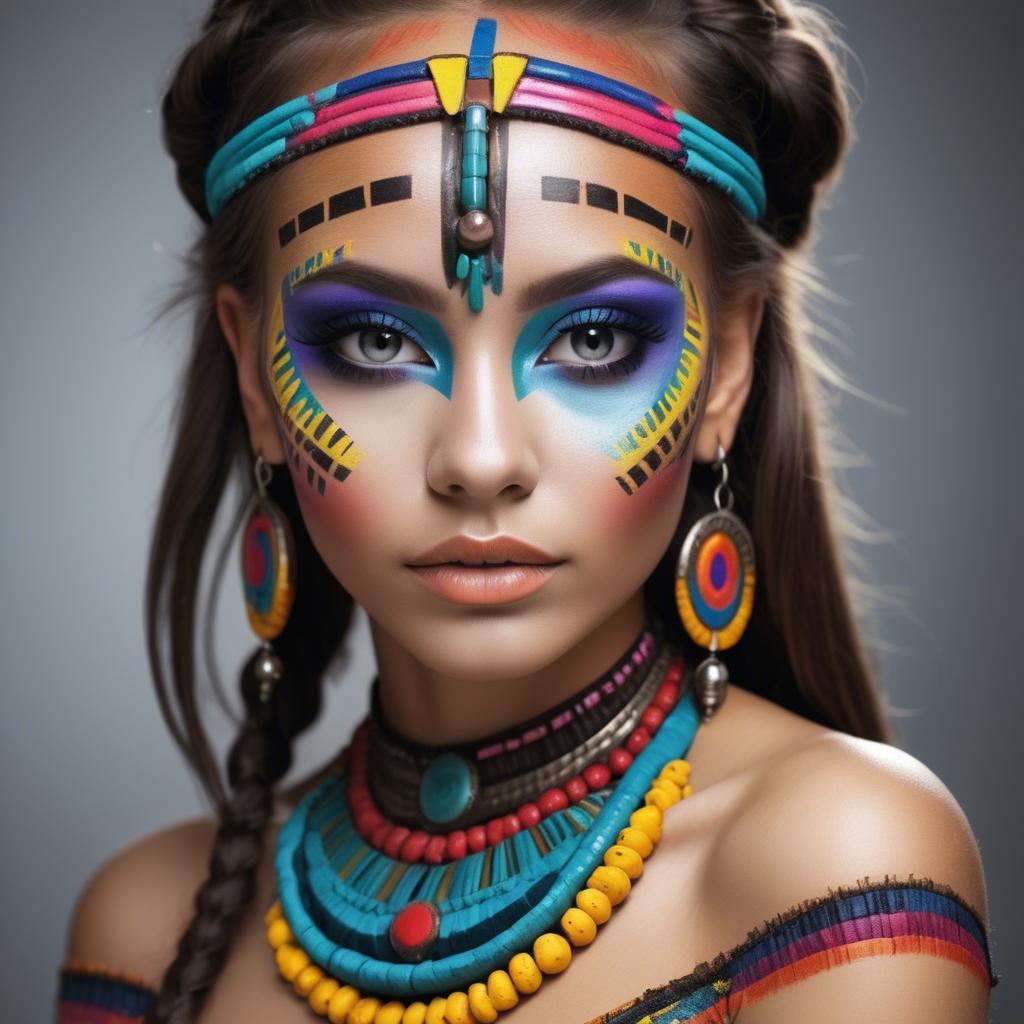 A stunning image of beautiful girl with bright, colorful tribal makeup.