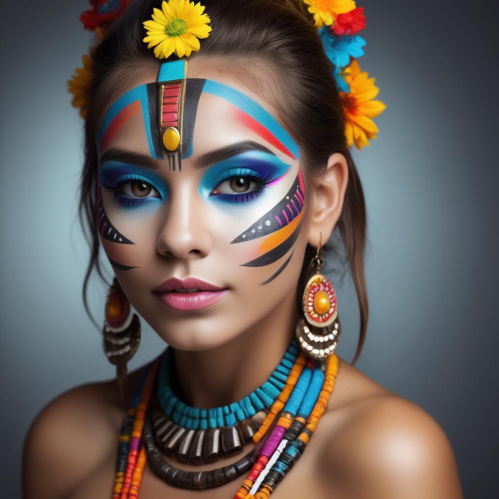 A stunning image of beautiful girl with bright, colorful tribal makeup.