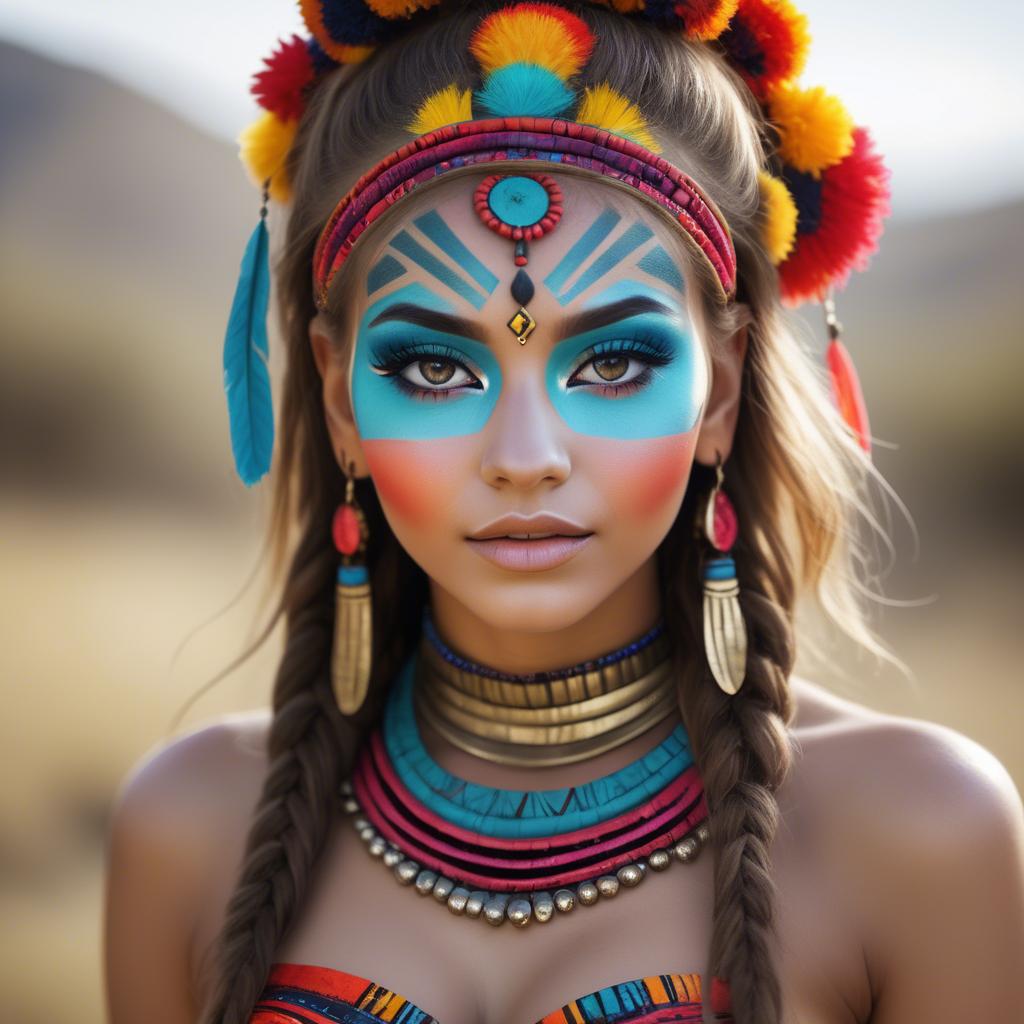 A stunning image of beautiful girl with bright, colorful tribal makeup.