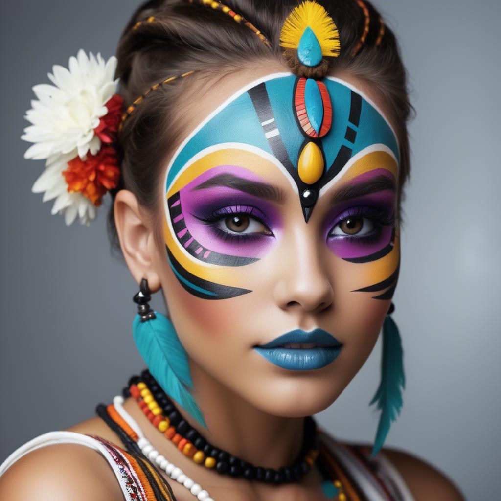 A stunning image of beautiful girl with bright, colorful tribal makeup.