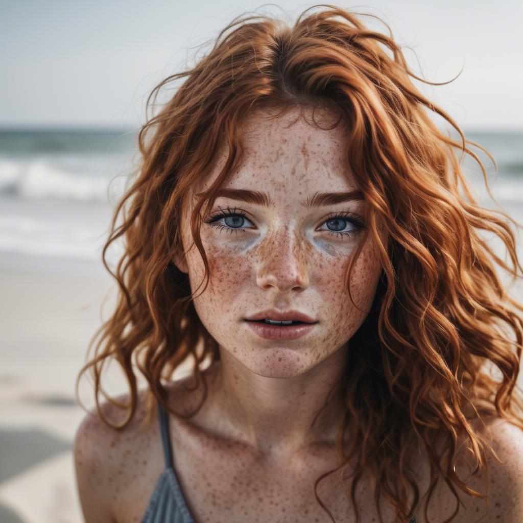 A stunning image of beautiful girl with freckles and messy beach waves.