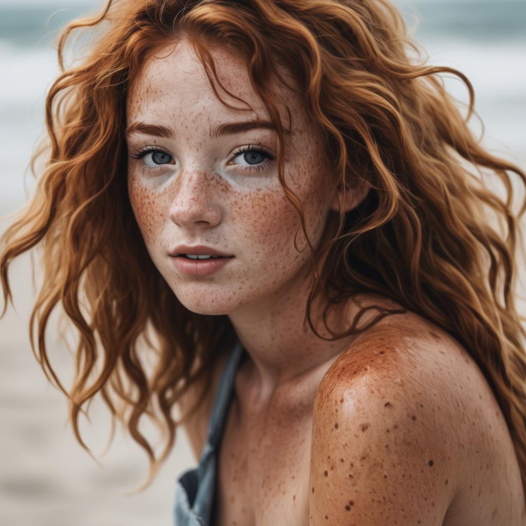 A stunning image of beautiful girl with freckles and messy beach waves.