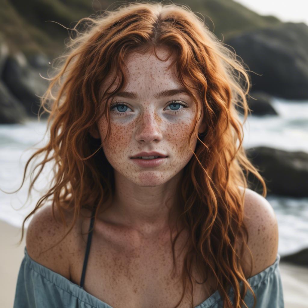A stunning image of beautiful girl with freckles and messy beach waves.