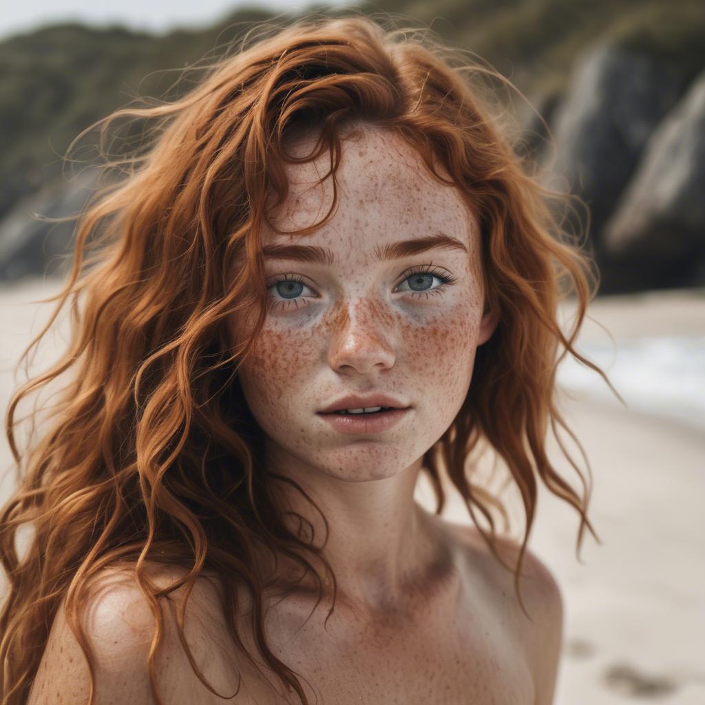A stunning image of beautiful girl with freckles and messy beach waves.