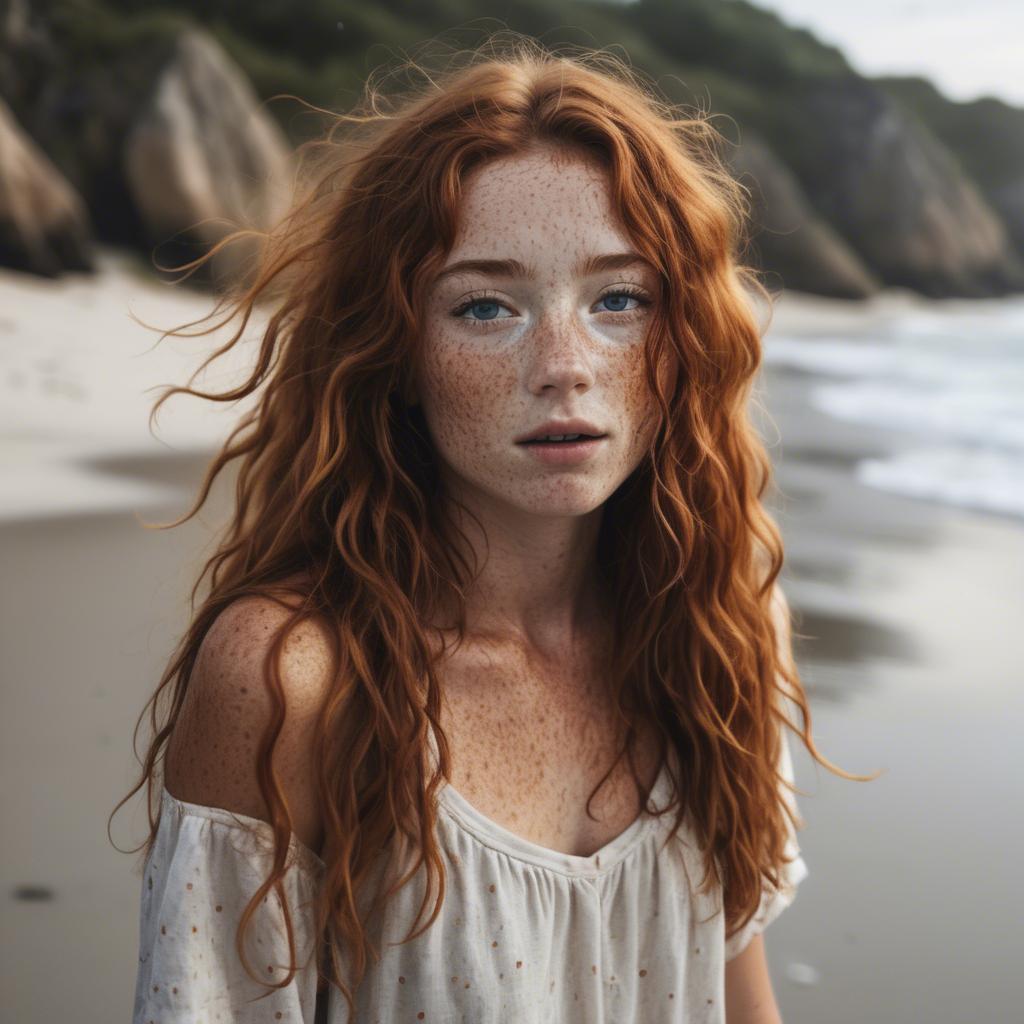 A stunning image of beautiful girl with freckles and messy beach waves.