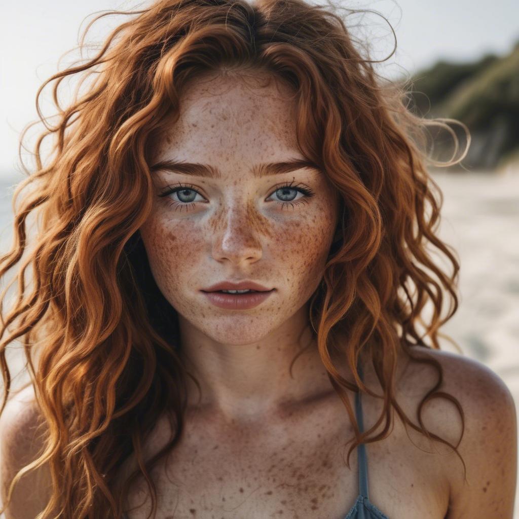 A stunning image of beautiful girl with freckles and messy beach waves.