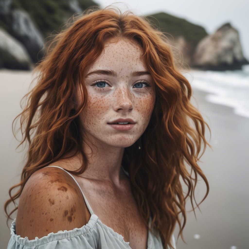 A stunning image of beautiful girl with freckles and messy beach waves.
