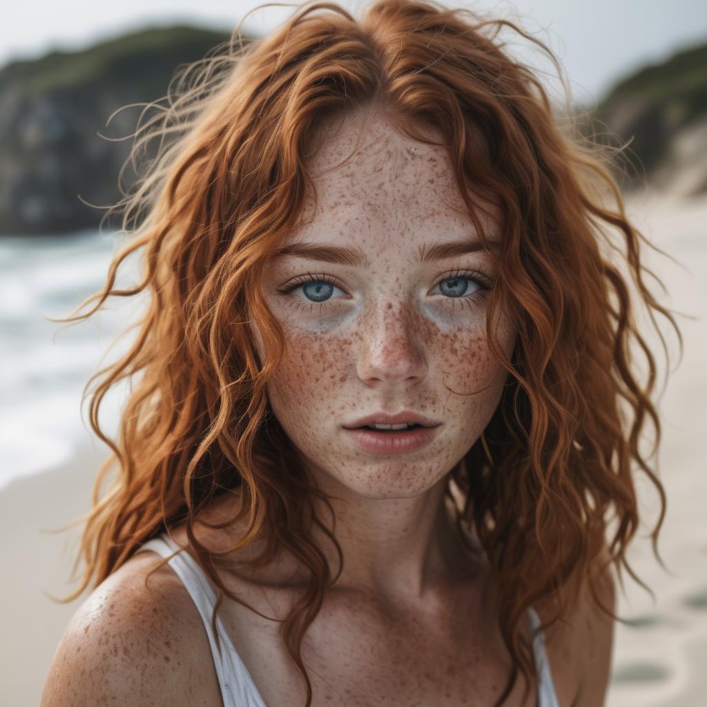 A stunning image of beautiful girl with freckles and messy beach waves.