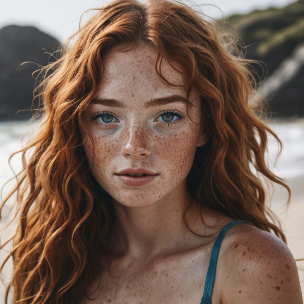 A stunning image of beautiful girl with freckles and messy beach waves.
