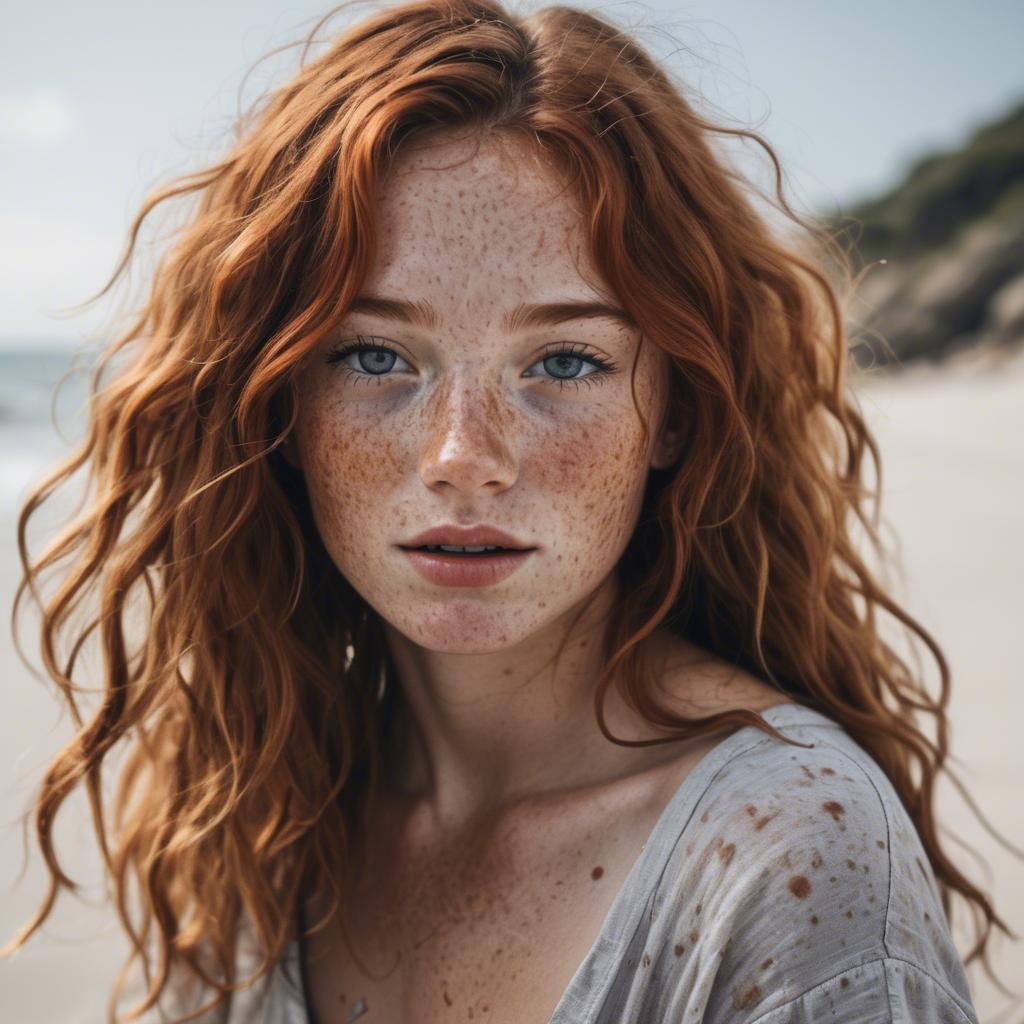 A stunning image of beautiful girl with freckles and messy beach waves.