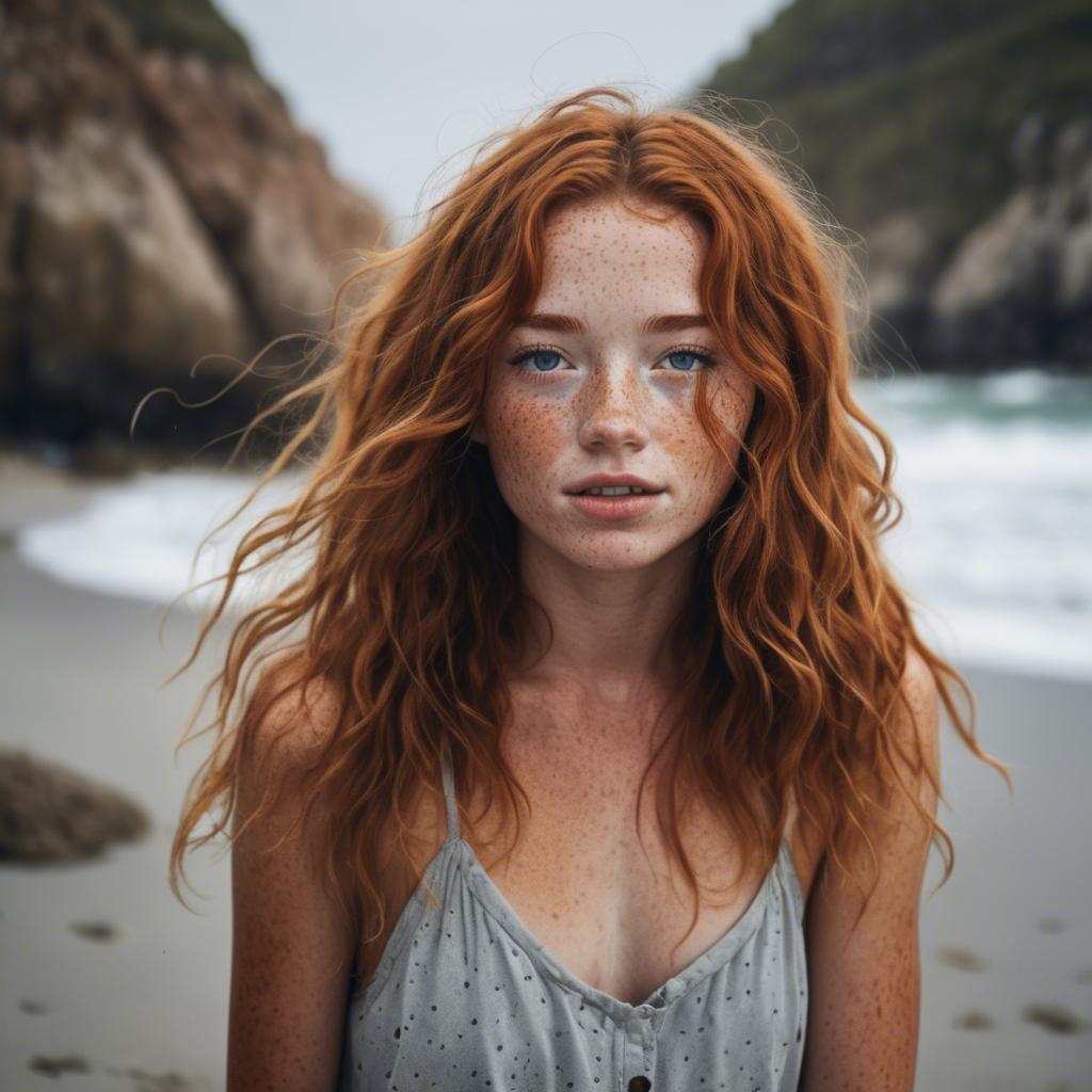 A stunning image of beautiful girl with freckles and messy beach waves.