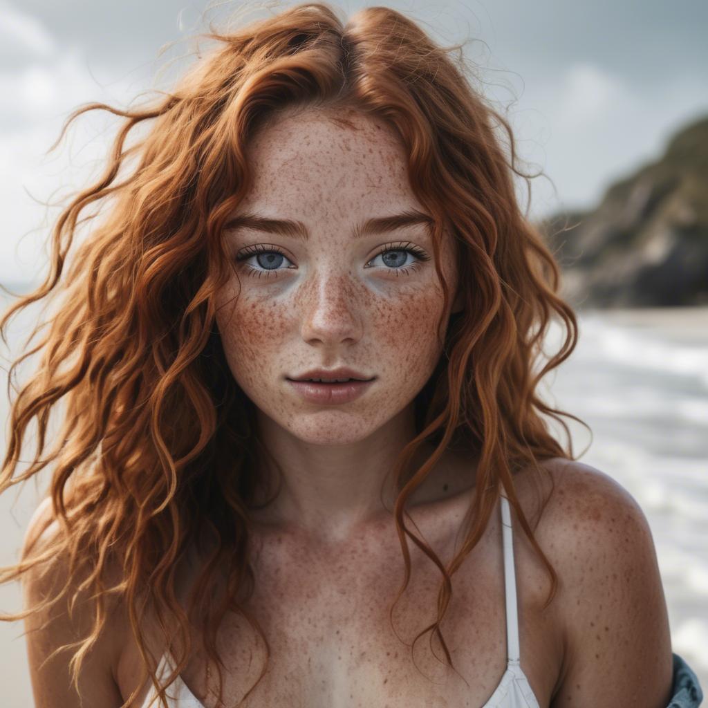 A stunning image of beautiful girl with freckles and messy beach waves.