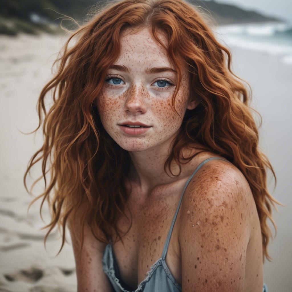 A stunning image of beautiful girl with freckles and messy beach waves.