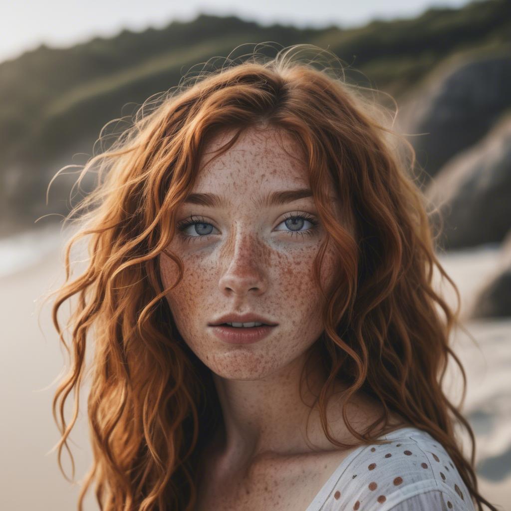 A stunning image of beautiful girl with freckles and messy beach waves.