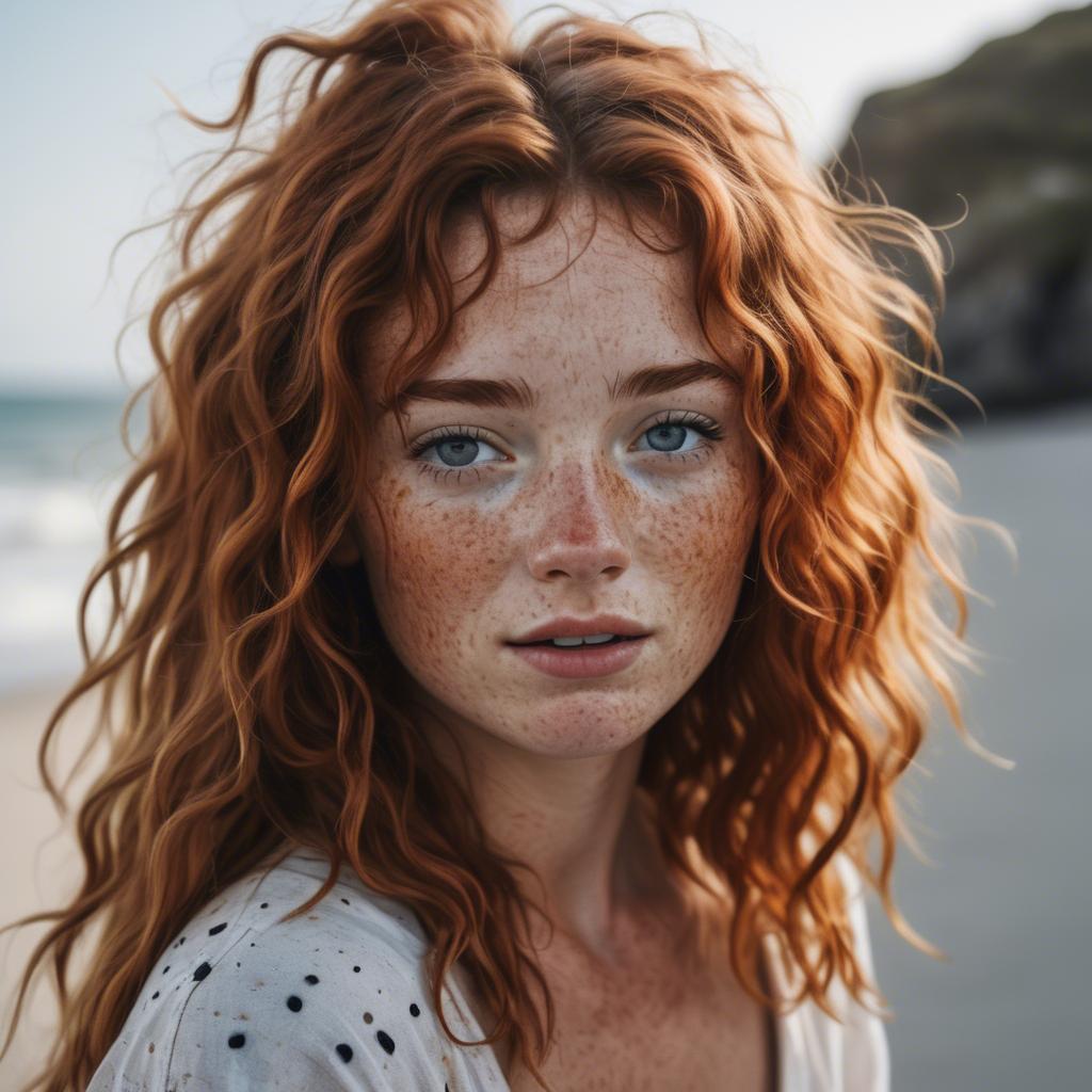 A stunning image of beautiful girl with freckles and messy beach waves.