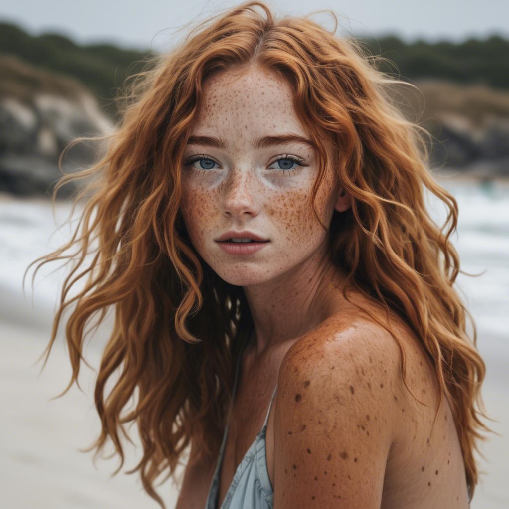 A stunning image of beautiful girl with freckles and messy beach waves.