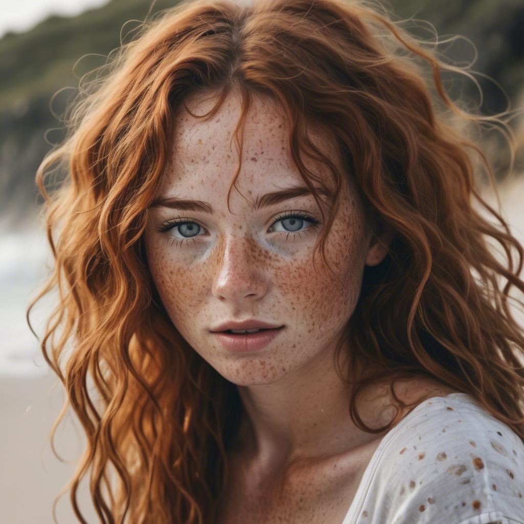 A stunning image of beautiful girl with freckles and messy beach waves.