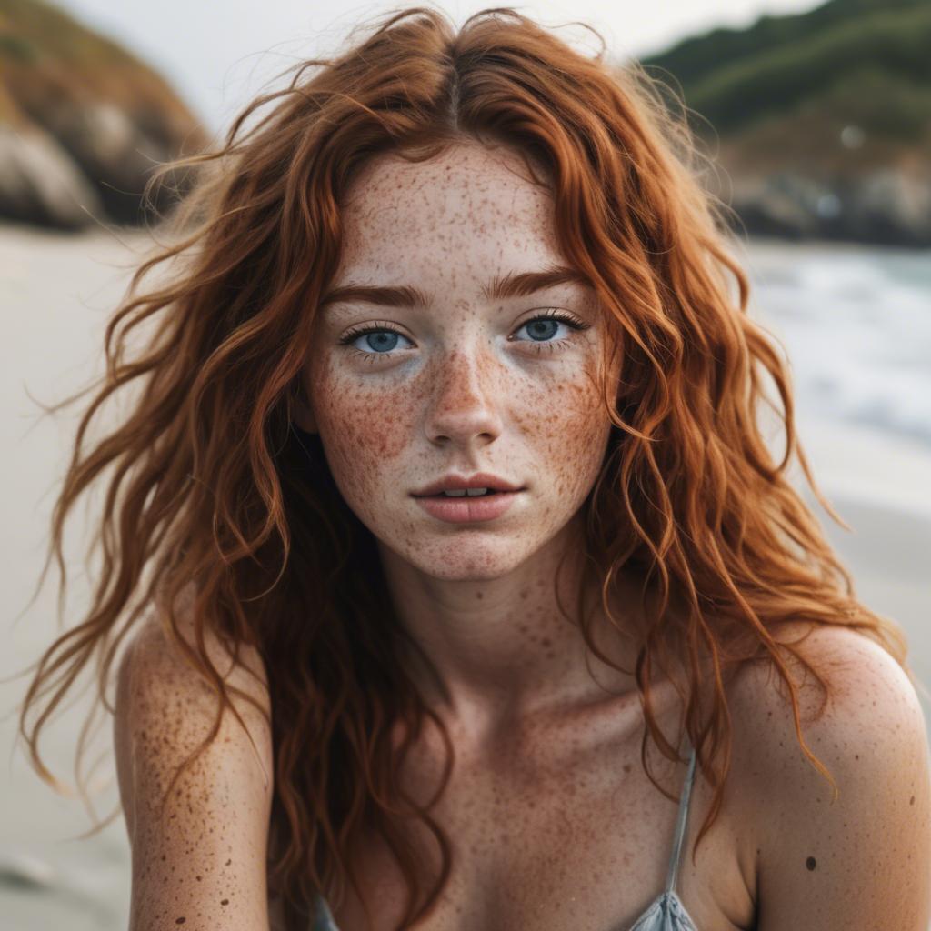 A stunning image of beautiful girl with freckles and messy beach waves.