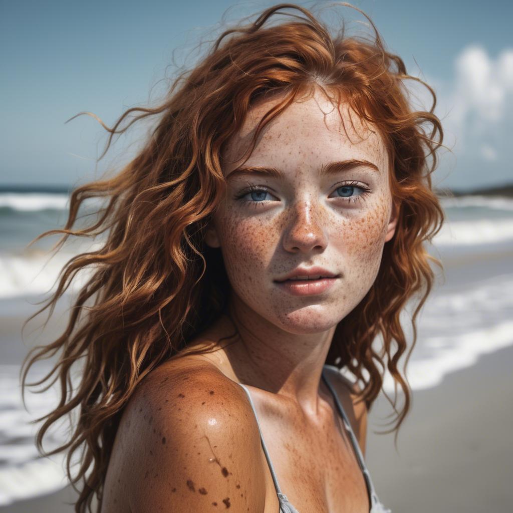 A stunning image of beautiful girl with freckles and messy beach waves.