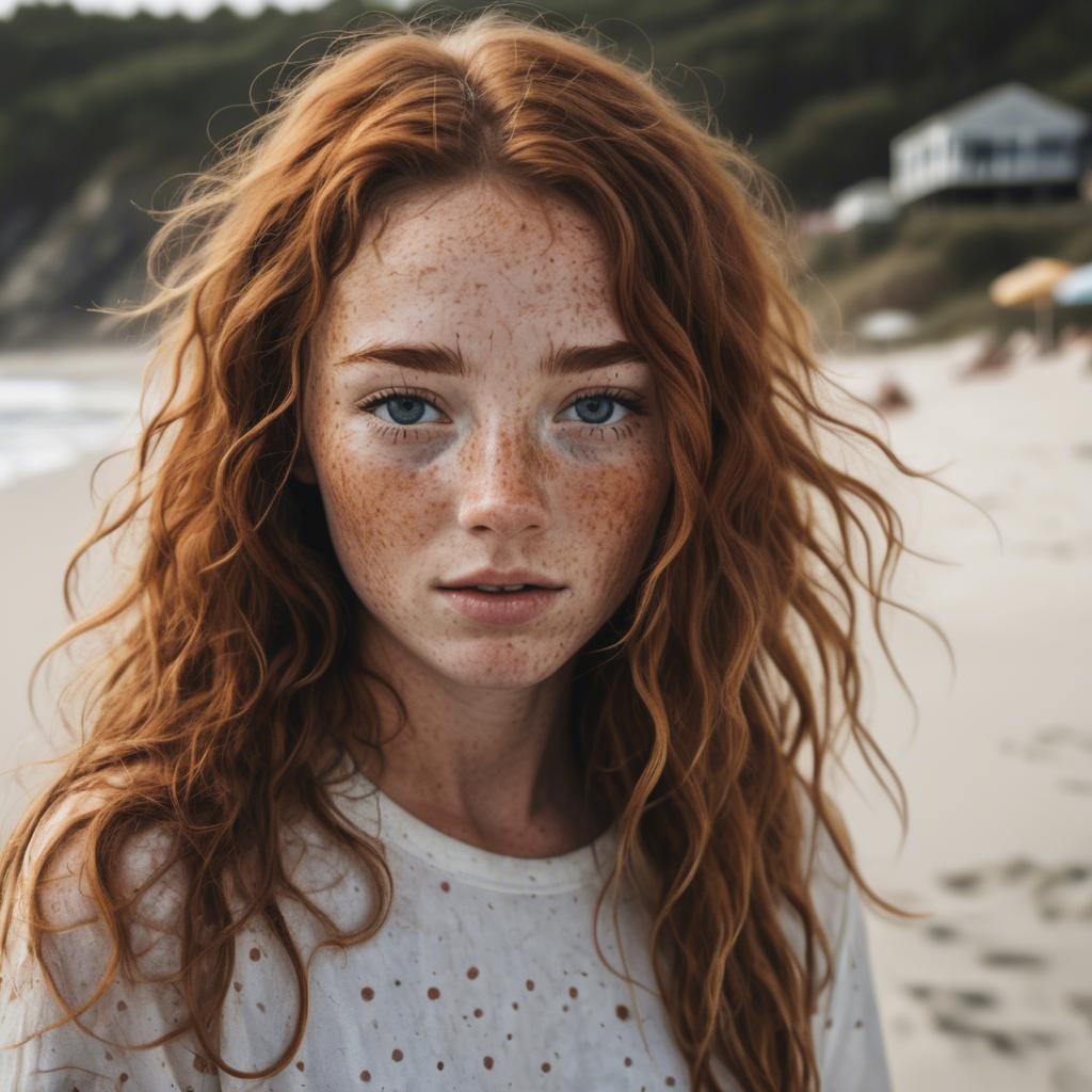 A stunning image of beautiful girl with freckles and messy beach waves.