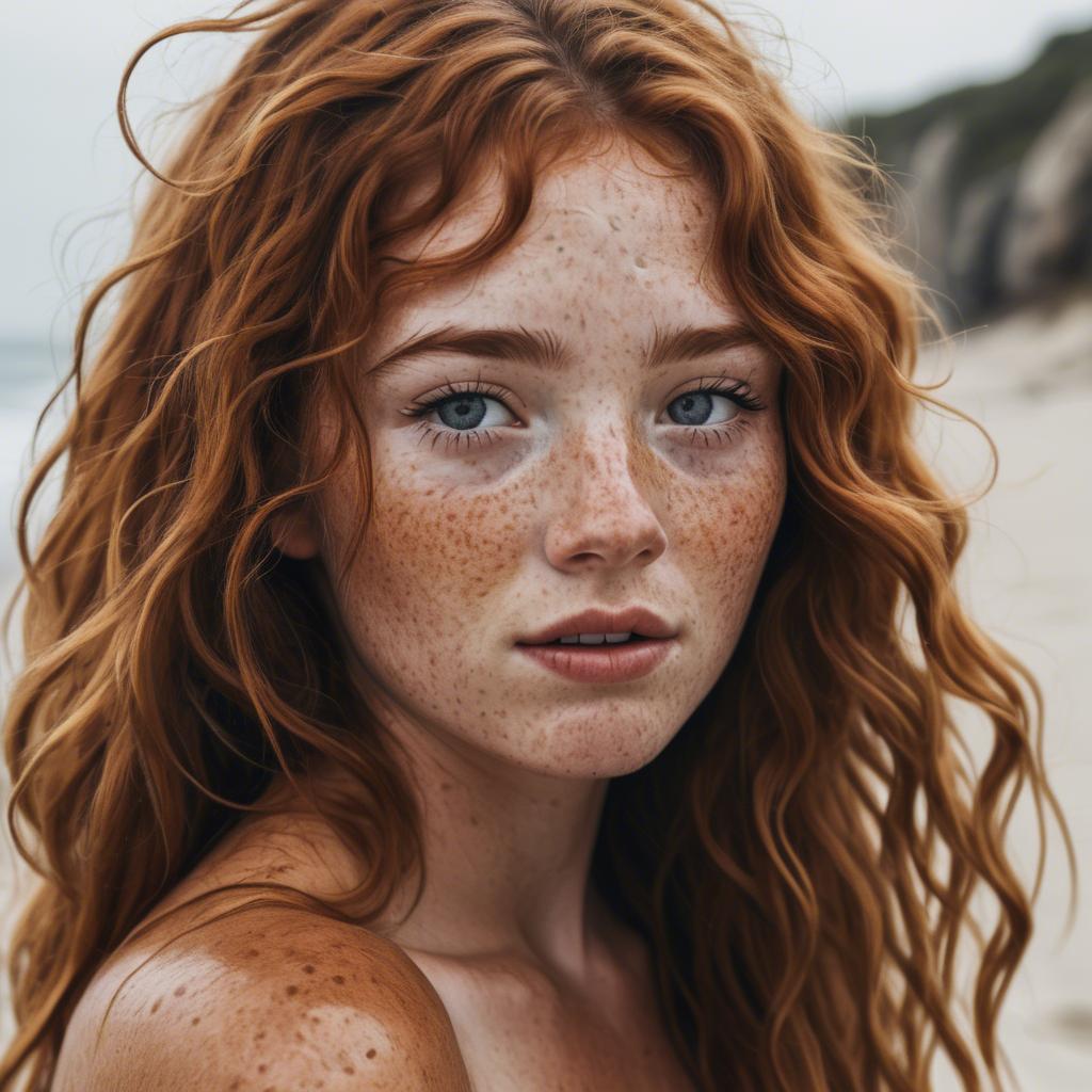 A stunning image of beautiful girl with freckles and messy beach waves.