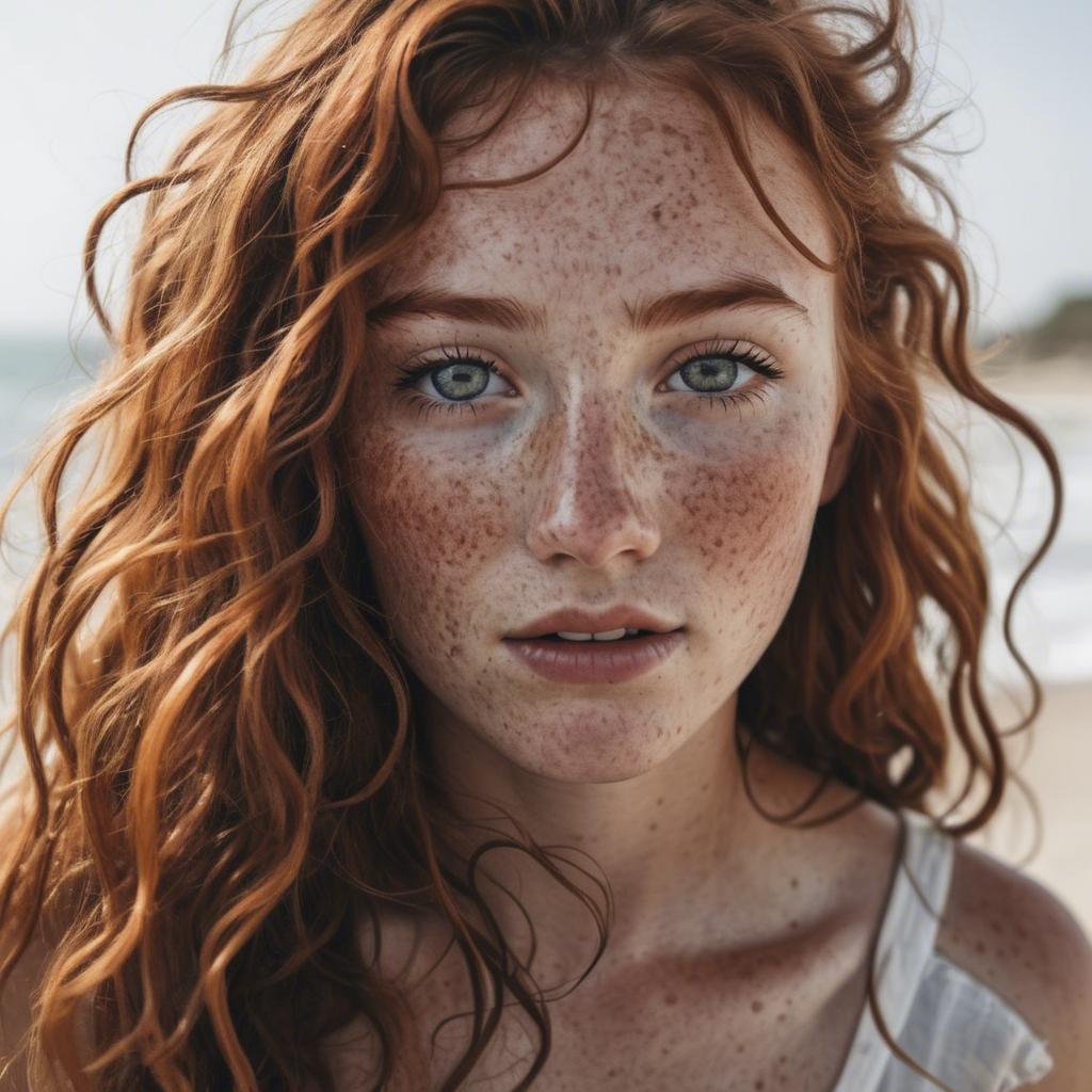 A stunning image of beautiful girl with freckles and messy beach waves.