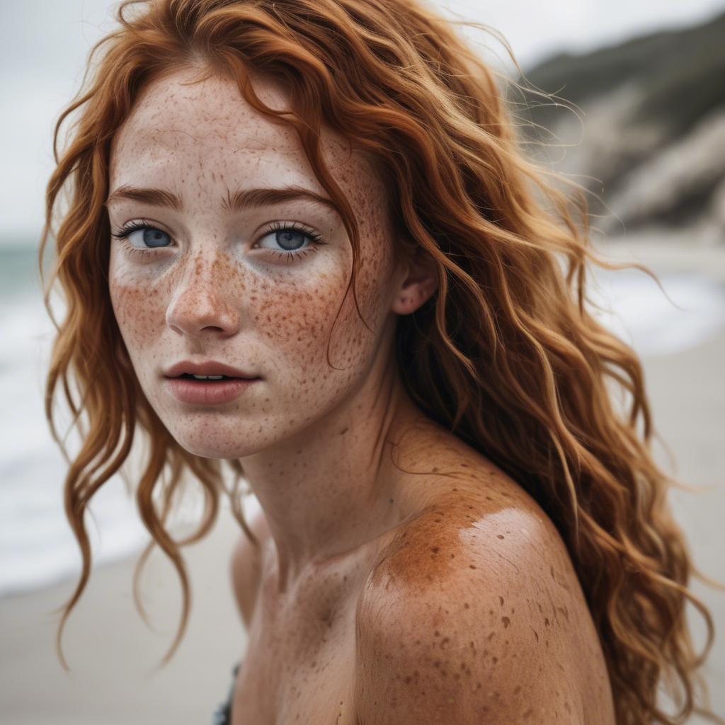 A stunning image of beautiful girl with freckles and messy beach waves.