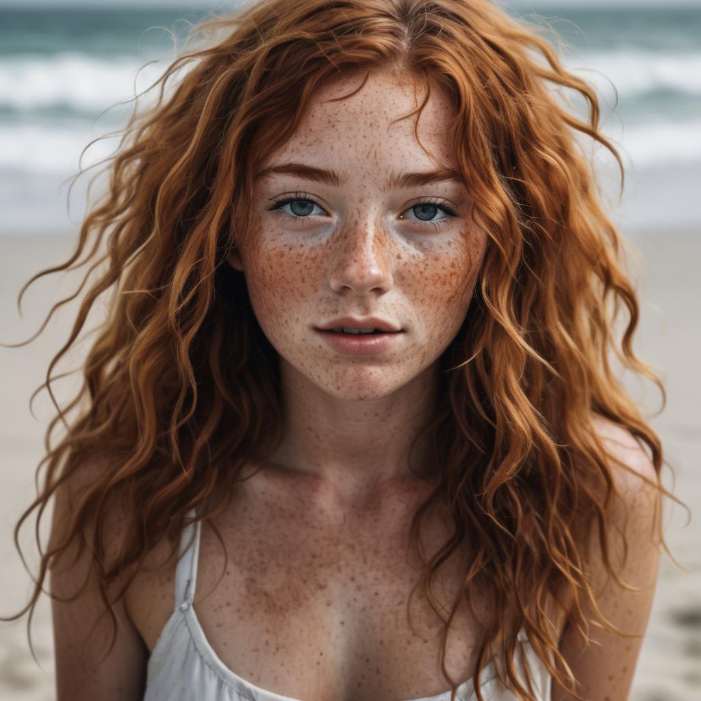 A stunning image of beautiful girl with freckles and messy beach waves.