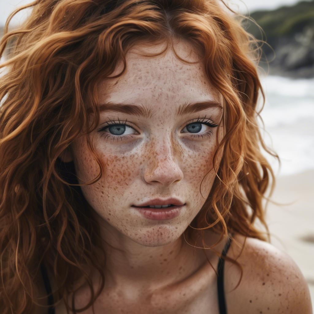 A stunning image of beautiful girl with freckles and messy beach waves.